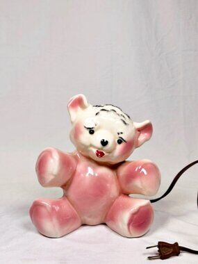Vintage 50s Morton Pottery Pink Ceramic Teddy Bear Nursery Nightlight TV Lamp